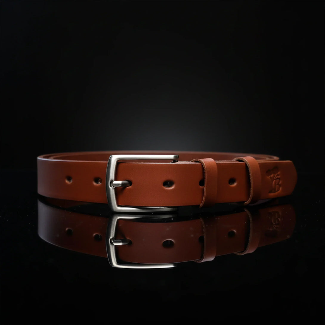 personalized brown leather belt with silver buckle for men gift on black reflective surface