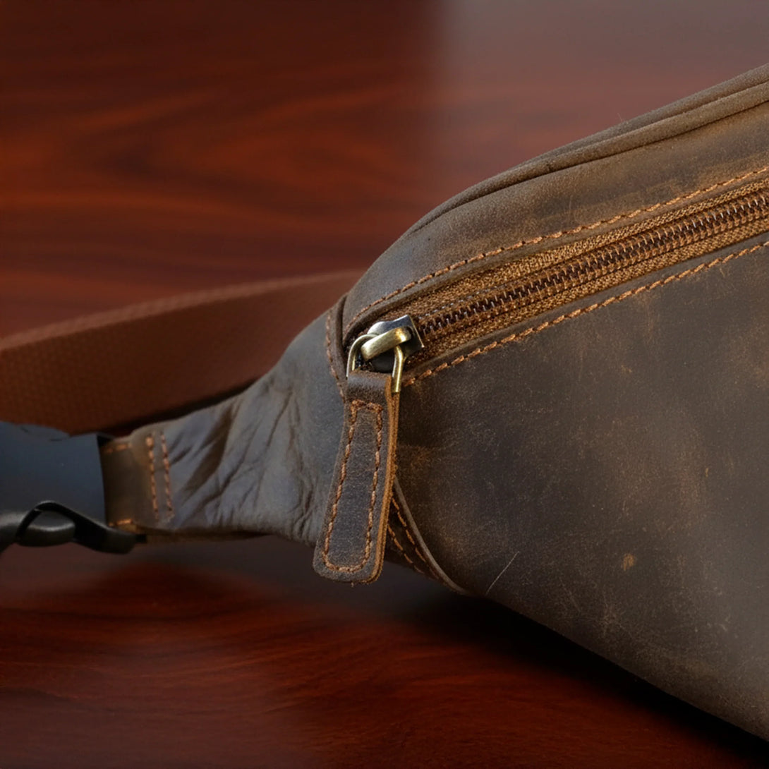 Personalized leather wallet and belt gift set for men with brown tones and zipper detail