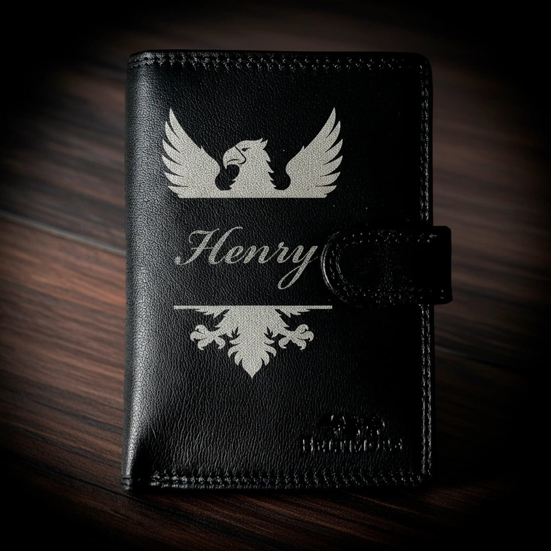Personalized black leather wallet with Henry name and eagle design, men's gift