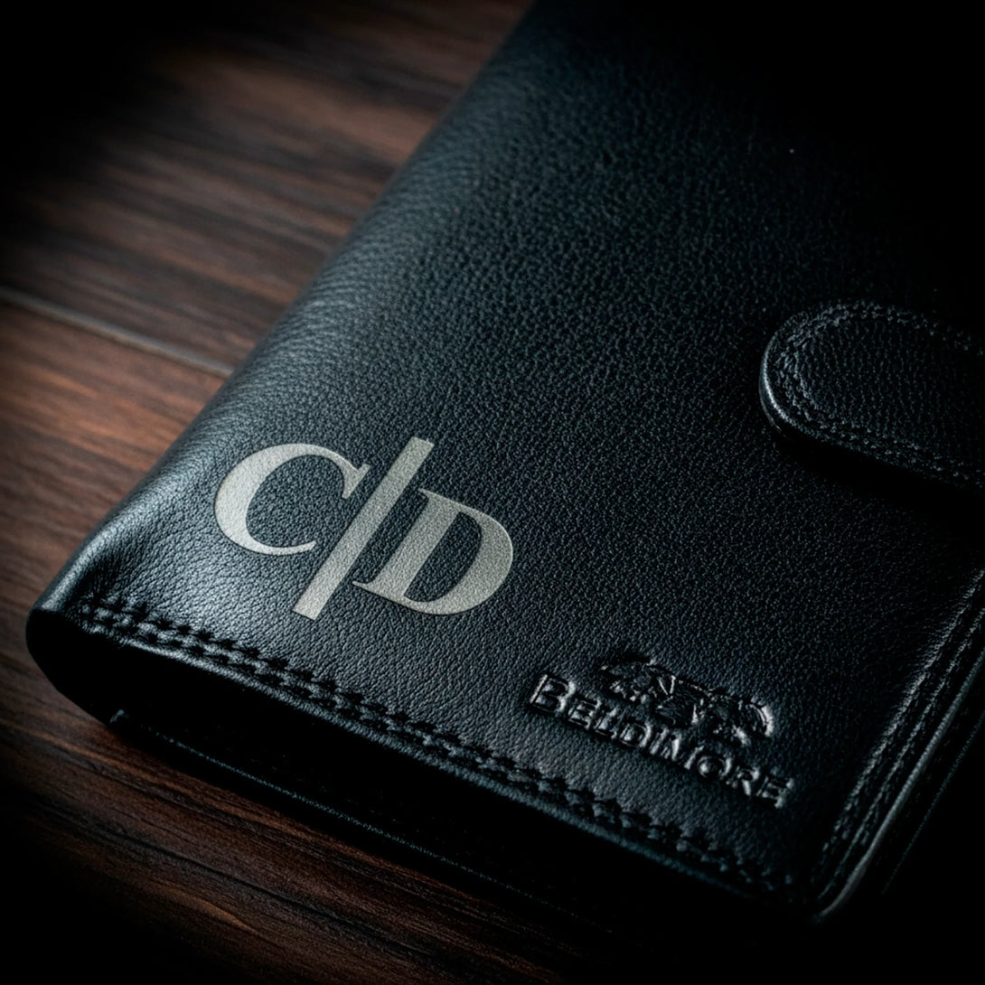personalized black leather wallet with embossed logo, stylish gift for men