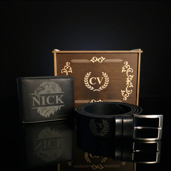 Set Regalo Premium in Pelle Nera per Lui – Portafoglio e Cintura Personalizzati