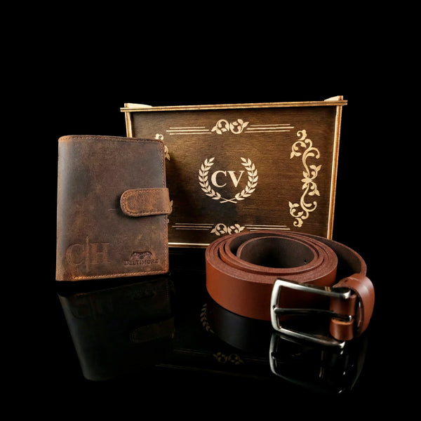 Personalized leather wallet and belt gift set for men with CV monogram