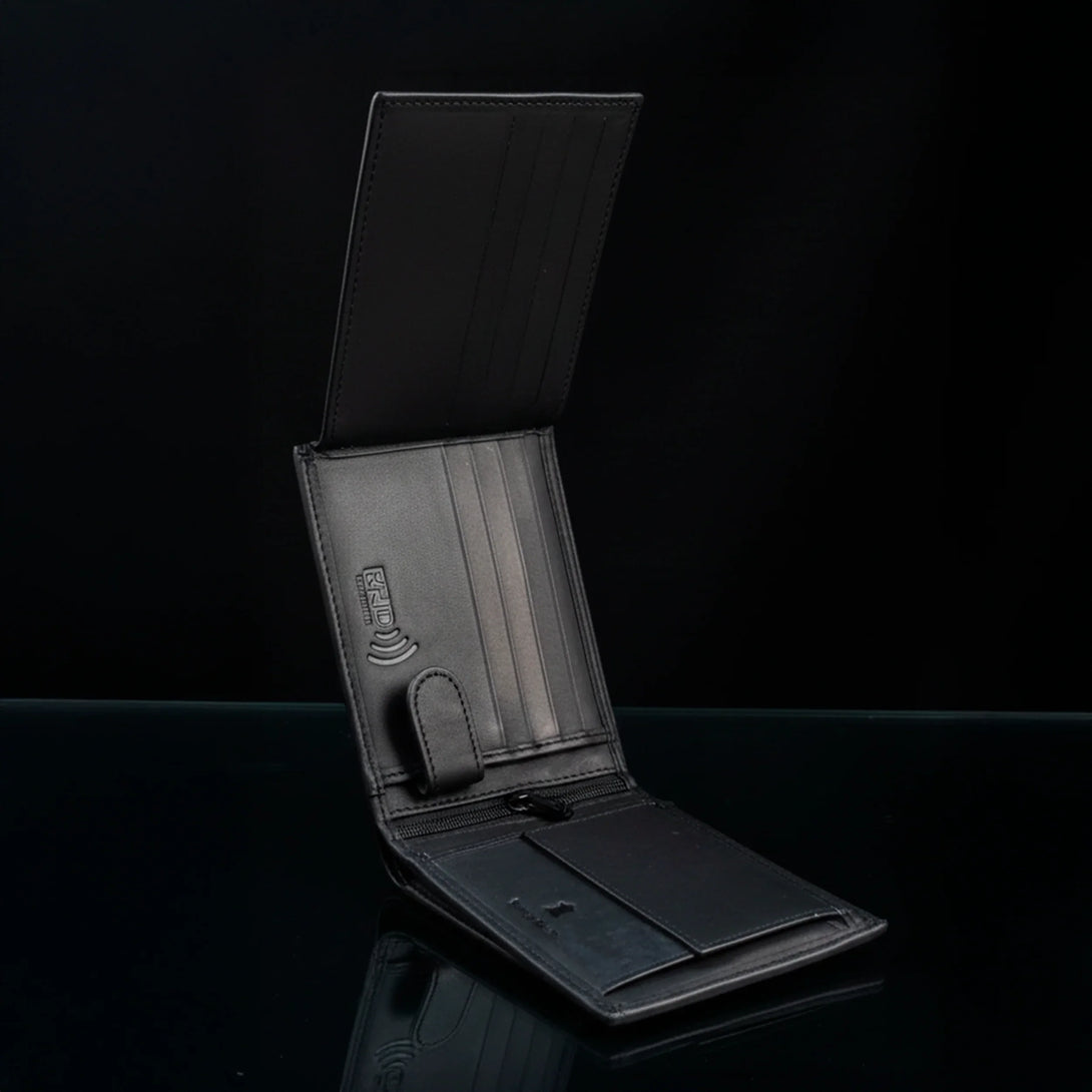 Personalized black leather wallet for men open with multiple card slots and RFID protection